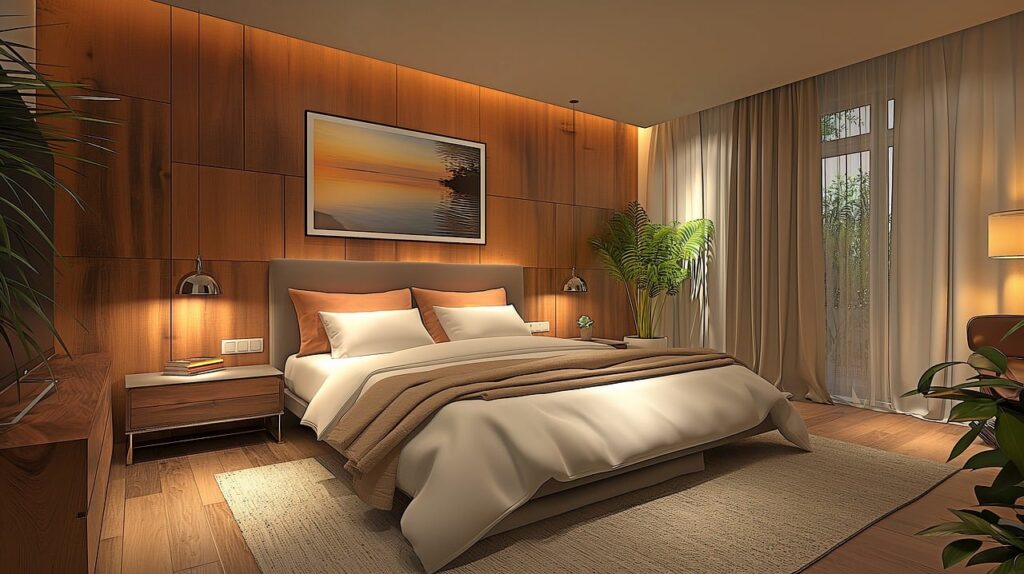 Ruhiges, warm beleuchtetes Schlafzimmer mit natürlichen Materialien – Beispiel für einen schlaffördernden, harmonischen Raum.