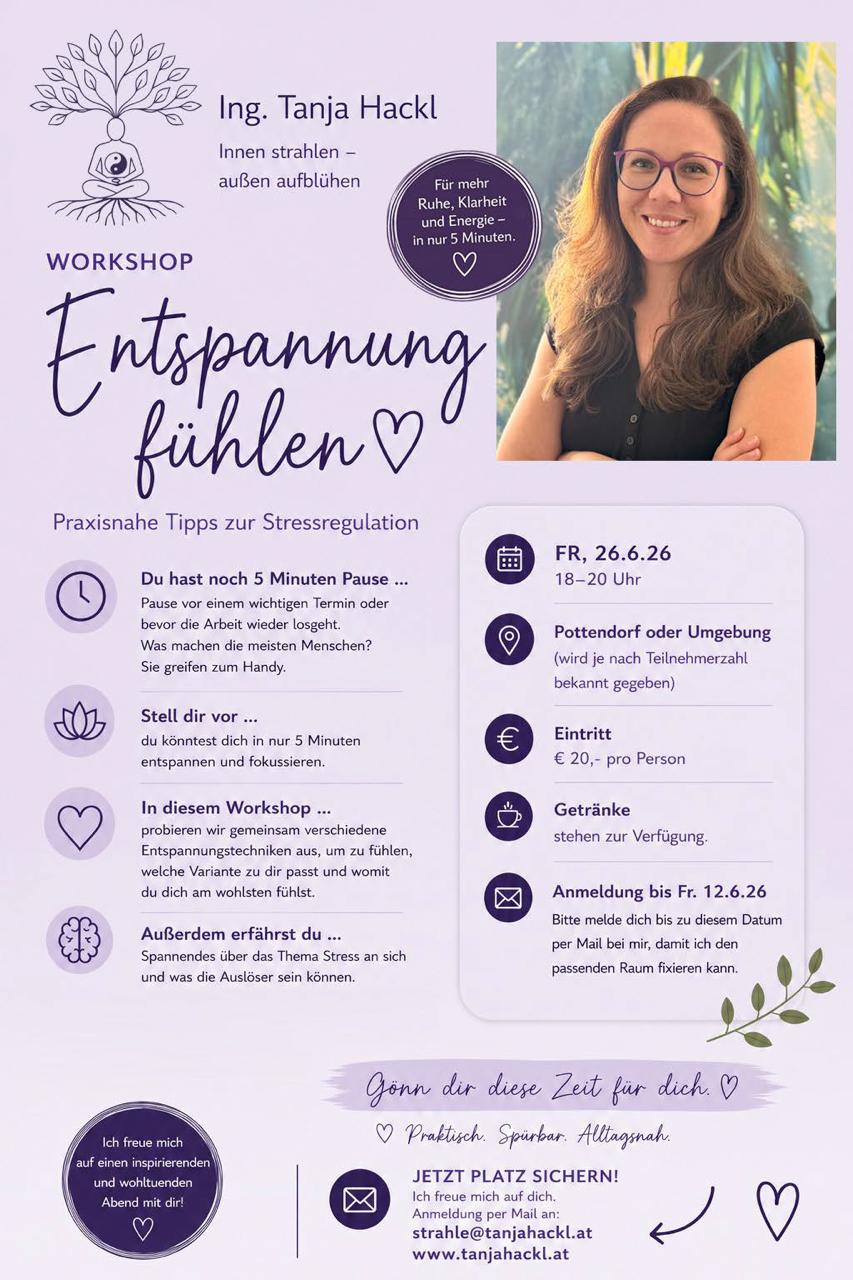 Flyer zum Workshop „Entspannung fühlen – praxisnahe Tipps zur Stressregulation“ von Ing. Tanja Hackl